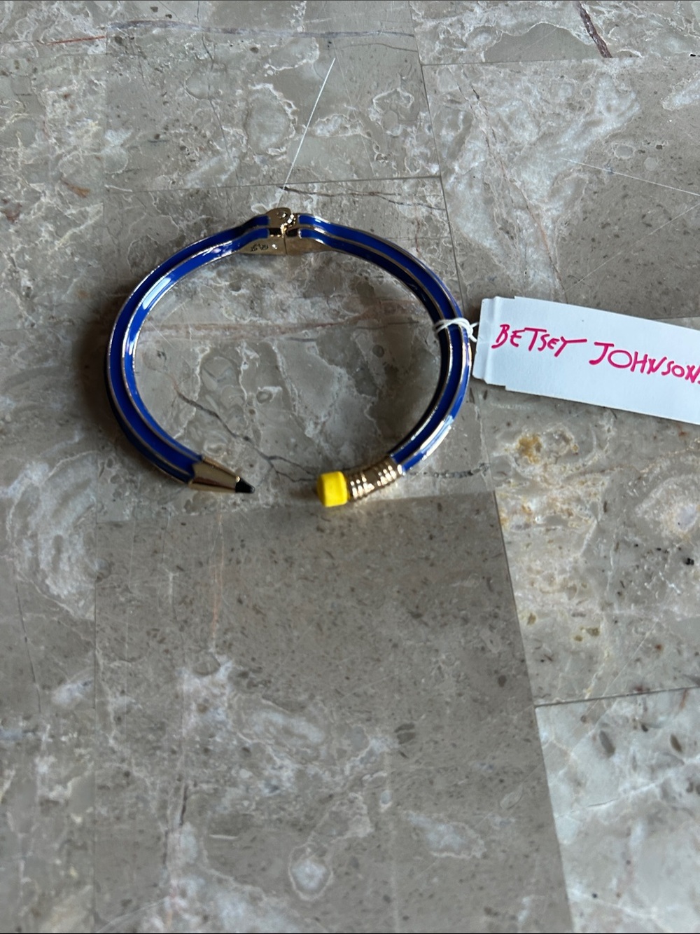 Betsey Johnson Blue Enamel Pencil Bangle Bracelet with Yellow Eraser Accent